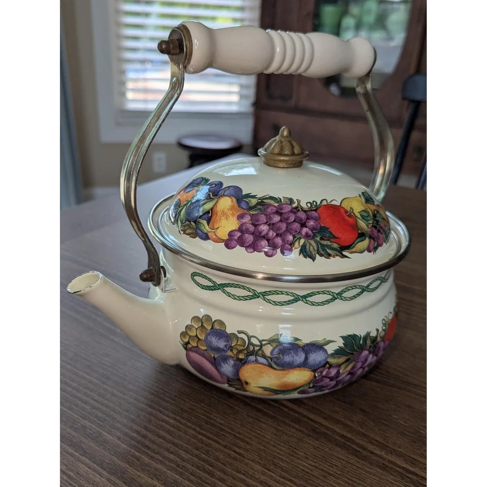 Vintage Lincoln Ware Style Enamel Tea Kettle Fruit Pattern Farmhouse Decor